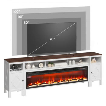 Fireplace TV Stand, Farmhouse Fireplace TV Stand for TVs up to 100 inch, Farmhouse Entertainment Center with 60 inch Fireplace & Storage Drawers for Living Room Bedroom, Remote Control, White