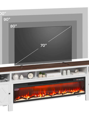 Fireplace TV Stand, Farmhouse Fireplace TV Stand for TVs up to 100 inch, Farmhouse Entertainment Center with 60 inch Fireplace & Storage Drawers for Living Room Bedroom, Remote Control, White