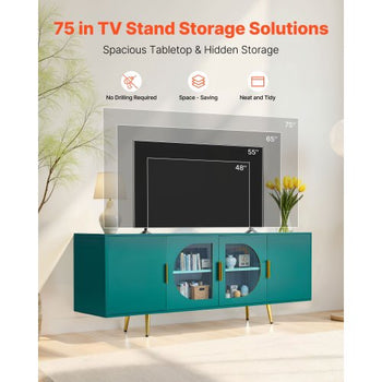 TV Stand for TVs up to 75 inch, Modern Entertainment Center with Glass Doors and Gold Legs, TV Cabinet Storage with Adjustable Shelves, Media Console Table for Living Room and Bedroom, Green
