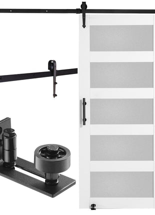 White sliding barn door with frosted glass panels, black metal hardware, and track system, perfect for modern interiors.