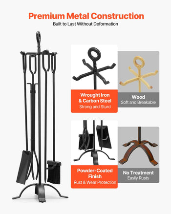 Fireplace Tool Set, 5 PCS Fire Tool Set and Holder with Four-Prong Stand, Tongs, Ash Shovel, Brush, Fire Place Poker, Wrought Iron Fireplace Accessories for Campfire Indoor/Outdoor, Black