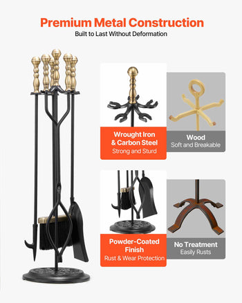 Fireplace Tool Set, 5 PCS Fire Tool Set and Holder with Five-Prong Stand, Tongs, Ash Shovel, Brush, Fire Place Poker, Wrought Iron Fireplace Accessories for Indoor/Outdoor, Black & Brass