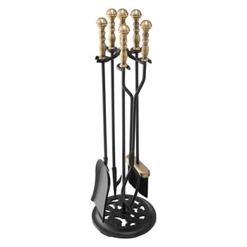 Fireplace Tool Set, 5 PCS Fire Tool Set and Holder with Five-Prong Stand, Tongs, Ash Shovel, Brush, Fire Place Poker, Wrought Iron Fireplace Accessories for Indoor/Outdoor, Black & Brass