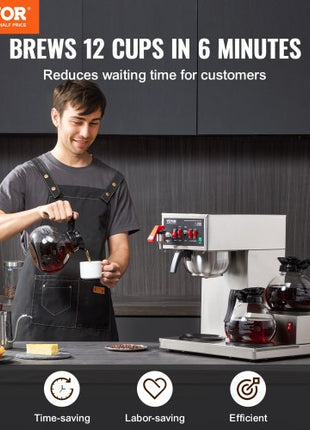 12 Cups Commercial Drip Coffee Maker, Coffee Maker Machine with 3 Glass Carafes and 3 Warmer Plates, Stainless Steel Pour Over Coffee Brewer for Restaurant, Office, Cafe
