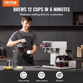12 Cups Commercial Drip Coffee Maker, Coffee Maker Machine with 3 Glass Carafes and 3 Warmer Plates, Stainless Steel Pour Over Coffee Brewer for Restaurant, Office, Cafe