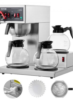 12 Cups Commercial Drip Coffee Maker, Coffee Maker Machine with 3 Glass Carafes and 3 Warmer Plates, Stainless Steel Pour Over Coffee Brewer for Restaurant, Office, Cafe