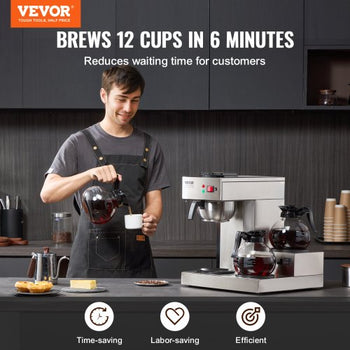12 Cups Commercial Drip Coffee Maker, Coffee Maker Machine with 3 Glass Carafes and 3 Warmer Plates, Stainless Steel Pour Over Coffee Brewer with Auto Water Intake, for Restaurant Office Cafe