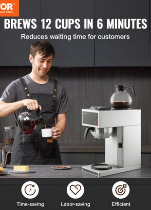Commercial Drip Coffee Maker, 12 Cups Coffee-Maker Machine with 2 Glass Carafes and 2 Decanter Warmer Plates, Stainless Steel Drip Style Coffee Brewer, for Restaurant, Office, Coffee Shop & Home