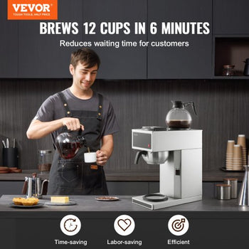 Commercial Drip Coffee Maker, 12 Cups Coffee-Maker Machine with 2 Glass Carafes and 2 Decanter Warmer Plates, Stainless Steel Drip Style Coffee Brewer, for Restaurant, Office, Coffee Shop & Home