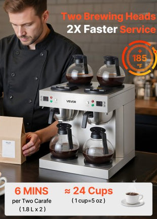Commercial Drip Coffee Maker, 24 Cups Coffee-Maker Machine with 4 Glass Carafes and 4 Decanter Warmer Plates, Stainless Steel Dual-Head Coffee Brewer, for Restaurant, Office, Coffee Shop & Home