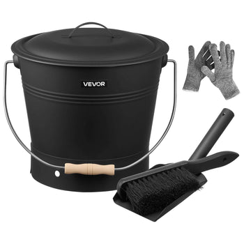 Ash Bucket, 4 PCS with Lid, Shovel, Broom and Gloves, Metal Fireplace Charcoal Bucket and Ash Can, 2.6 GAL Large Capacity for Fireplace, Fire Pits, Wood Burning Stoves, Indoor and Outdoor