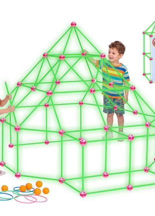 Glow-in-the-Dark Fort Building Kit for Kids, 140PCS STEM Builder Toys, for 4 5 6 7 8+ Year Old Boys Girls, Upgraded Balls, Ring & Ball Toss, Educational Activity Indoor Outdoor Play, Storage Bag