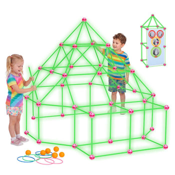Glow-in-the-Dark Fort Building Kit for Kids, 140PCS STEM Builder Toys, for 4 5 6 7 8+ Year Old Boys Girls, Upgraded Balls, Ring & Ball Toss, Educational Activity Indoor Outdoor Play, Storage Bag