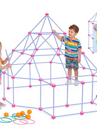Fort Building Kit for Kids, 140 PCS Creative STEM Construction Toys, for 4 5 6 7 8+ Year Old Boys Girls, Upgraded Balls, Ring & Ball Toss, Educational Activity, Indoor Outdoor Play, Storage Bag