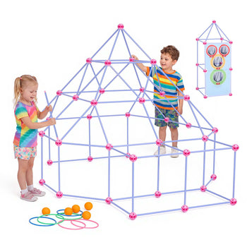 Fort Building Kit for Kids, 140 PCS Creative STEM Construction Toys, for 4 5 6 7 8+ Year Old Boys Girls, Upgraded Balls, Ring & Ball Toss, Educational Activity, Indoor Outdoor Play, Storage Bag