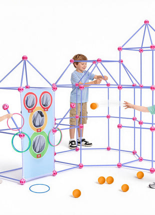 Fort Building Kit for Kids, 180 PCS Creative STEM Construction Toys, for 4 5 6 7 8+ Year Old Boys Girls, Upgraded Balls, Ring & Ball Toss, Educational Activity, Indoor Outdoor Play, Storage Bag