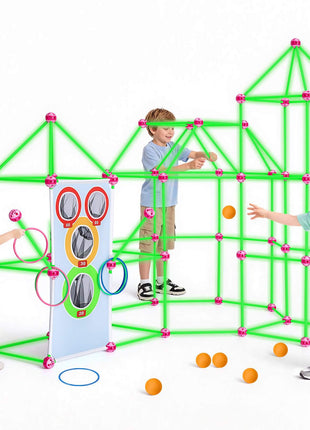 Glow-in-the-Dark Fort Building Kit for Kids, 180PCS STEM Builder Toys, for 4 5 6 7 8+ Year Old Boys Girls, Upgraded Balls, Ring & Ball Toss, Educational Activity Indoor Outdoor Play, Storage Bag