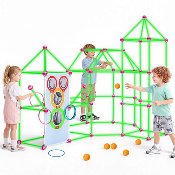 Glow-in-the-Dark Fort Building Kit for Kids, 180PCS STEM Builder Toys, for 4 5 6 7 8+ Year Old Boys Girls, Upgraded Balls, Ring & Ball Toss, Educational Activity Indoor Outdoor Play, Storage Bag