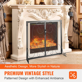 Premium vintage black metal fireplace screen with ornate design, enhancing cozy ambiance in elegant cream-colored decor.