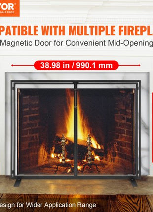 Fireplace Screen 1 Panel with Door, Sturdy Iron Mesh Fireplace Screen, 38.98"(L) x30.7"(H) Spark Guard Cover, Simple Installation, Free Standing Fire Fence Grate for Living Room Home Decor Moder