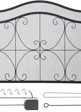 Fireplace Screen, 38 x 26.5 Inch,Heavy Duty Iron Freestanding Spark Guard with Support, Metal Mesh Craft, Broom Tong Shovel Poker Included for Fireplace Decoration & Protection, Black