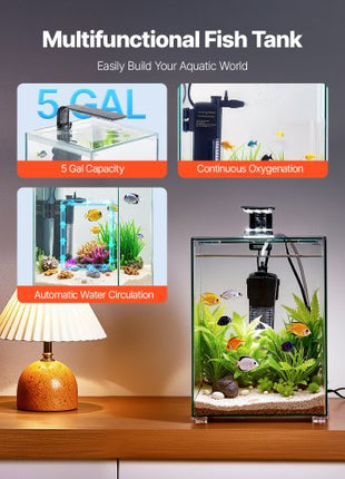 Fish Tank Aquarium, 5 Gallon Square Ultra-Clear Glass Starter Smart Tank Adjustable 3 Color Lighting, Self Cleaning System Fishbowl for Freshwater & Saltwater Fish Home, Office, or Pet Use
