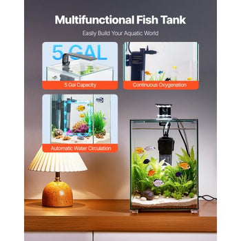 Fish Tank Aquarium, 5 Gallon Square Ultra-Clear Glass Starter Smart Tank Adjustable 3 Color Lighting, Self Cleaning System Fishbowl for Freshwater & Saltwater Fish Home, Office, or Pet Use