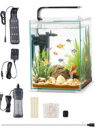 Fish Tank Aquarium, 5 Gallon Square Ultra-Clear Glass Starter Smart Tank Adjustable 3 Color Lighting, Self Cleaning System Fishbowl for Freshwater & Saltwater Fish Home, Office, or Pet Use