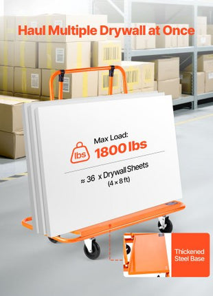 Drywall Cart Dolly, 1800 lbs Load Capacity, Steel Panel Dolly with 4 Swivel Casters, Durable & Long-lasting, Panel Truck Cart with Tie-Down Strap for Plywood, Plasterboard, Glass, Orange
