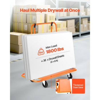 Drywall Cart Dolly, 1800 lbs Load Capacity, Steel Panel Dolly with 4 Swivel Casters, Durable & Long-lasting, Panel Truck Cart with Tie-Down Strap for Plywood, Plasterboard, Glass, Orange