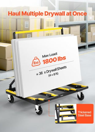 Drywall Cart Dolly, 1800 lbs Load Capacity, Steel Panel Dolly with 4 Swivel Casters & Expandable Deck, Foldable Panel Truck Cart with Tie-Down Strap for Handling Plywood, Plasterboard, Glass
