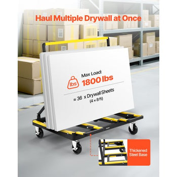 Drywall Cart Dolly, 1800 lbs Load Capacity, Steel Panel Dolly with 4 Swivel Casters & Expandable Deck, Foldable Panel Truck Cart with Tie-Down Strap for Handling Plywood, Plasterboard, Glass