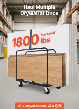 Drywall Cart Dolly, 1800 lbs Load Capacity, Steel Panel Truck Cart with 5 inch Swivel Casters, Lumber Drywall Dolly with with Tie-Down Strap & 3 Side Handrails for Factory, Warehouse, Garage, Black