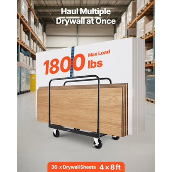 Drywall Cart Dolly, 1800 lbs Load Capacity, Steel Panel Truck Cart with 5 inch Swivel Casters, Lumber Drywall Dolly with with Tie-Down Strap & 3 Side Handrails for Factory, Warehouse, Garage, Black