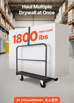 Drywall Cart Dolly, 1800 lbs Load Capacity, 2-in-1 Steel Panel Truck Cart with 5 inch Swivel Casters, 36 x 24 inch Platform Truck with 3 Side Handrails for Factory, Warehouse, Garage, Black