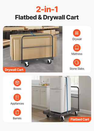 Drywall Cart Dolly, 1800 lbs Load Capacity, 2-in-1 Steel Panel Truck Cart with 5 inch Swivel Casters, 36 x 24 inch Platform Truck with 3 Side Handrails for Factory, Warehouse, Garage, Black