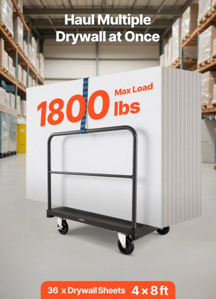 Drywall Cart Dolly, 1800 lbs Load Capacity, 2-in-1 Steel Panel Truck Cart with 5 inch Swivel Casters, 36 x 24 inch Platform Truck with 4 Side Handrails for Factory, Warehouse, Garage, Black