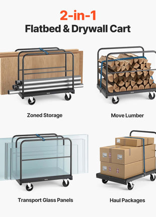 Drywall Cart Dolly, 1800 lbs Load Capacity, 2-in-1 Steel Panel Truck Cart with 5 inch Swivel Casters, 36 x 24 inch Platform Truck with 4 Side Handrails for Factory, Warehouse, Garage, Black