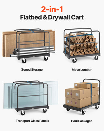 Drywall Cart Dolly, 1800 lbs Load Capacity, 2-in-1 Steel Panel Truck Cart with 5 inch Swivel Casters, 36 x 24 inch Platform Truck with 4 Side Handrails for Factory, Warehouse, Garage, Black