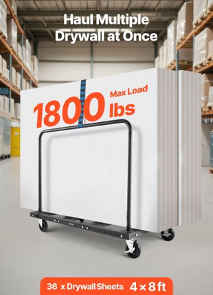 Drywall Cart Dolly, 1800 lbs Load Capacity, Steel Panel Truck Cart with 5 inch Swivel Casters, Lumber Drywall Dolly with Tie-Down Strap & 2 Side Handrails for Factory, Warehouse, Garage, Black