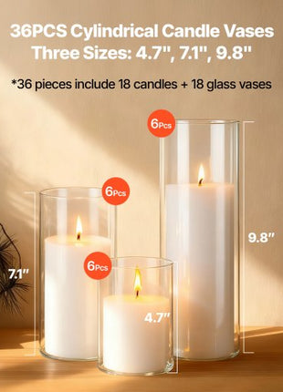 Pillar Candles and Glass Vases Set 36 Pcs, Clear Cylinder Hurricane Candle Holders for Wedding Centerpieces, Tall Vase for Table Decor, Wedding Party, Thanksgiving, White (3.4" x 4.7",7.1",9.8")