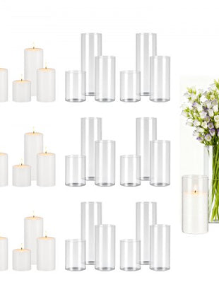 Pillar Candles and Glass Vases Set 36 Pcs, Clear Cylinder Hurricane Candle Holders for Wedding Centerpieces, Tall Vase for Table Decor, Wedding Party, Thanksgiving, White (3.4" x 4.7",7.1",9.8")