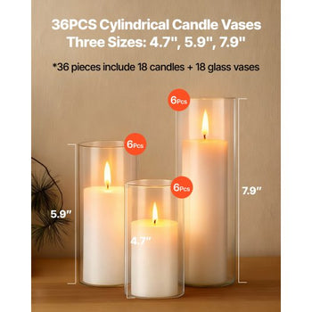 Pillar Candles and Glass Vases Set 36 Pcs, Clear Cylinder Hurricane Candle Holders for Wedding Centerpieces, Tall Vase for Table Decor, Wedding Party, Thanksgiving,White (2.56" x 4.7",5.9",7.9")