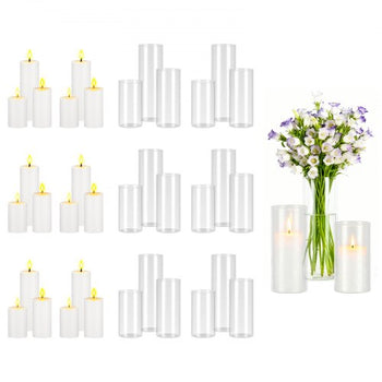 Pillar Candles and Glass Vases Set 36 Pcs, Clear Cylinder Hurricane Candle Holders for Wedding Centerpieces, Tall Vase for Table Decor, Wedding Party, Thanksgiving,White (2.56" x 4.7",5.9",7.9")