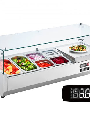 Refrigerated Condiment Prep Station, 135 W Countertop Refrigerated Condiment Station, with 2 1/3 Pans & 4 1/6 Pans, 304 Stainless Body and PC Lid, Sandwich Prep Table with Glass Guard, ETL