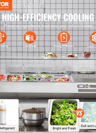 Refrigerated Condiment Prep Station, 140 W Countertop Refrigerated Condiment Station, with 3 1/3 Pans & 4 1/6 Pans, 304 Stainless Body and PC Lid, Sandwich Prep Table with Glass Guard, ETL