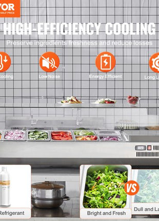 Refrigerated Condiment Prep Station, 150 W Countertop Refrigerated Condiment Station, with 4 1/3 Pans & 4 1/6 Pans, 304 Stainless Body and PC Lid, Sandwich Prep Table with Glass Guard, ETL