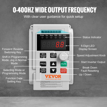 VEVOR 0-400Hz Frequency Converter with LED display, control panel, and clear setup instructions. Compact and user-friendly.