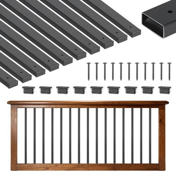 61 Pack Deck Balusters, 29.5 in Galvanized Steel Railing Spindles, Hollow Rectangle Metal Decking Stair Balusters with Pre-Drilled Hole, End Caps, Screws, for Deck, Porch & Stair Railing, Black