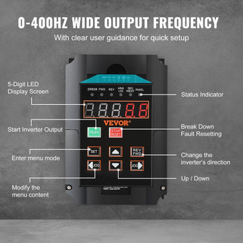 VFD 10HP, 7.5KW, 35A, 1 or 3 Phase 220V Input to 3 Phase 220V Output Variable Frequency Drive, 40-60Hz Input, 0-400Hz Output VFD for Spindle Motor CNC Speed Control